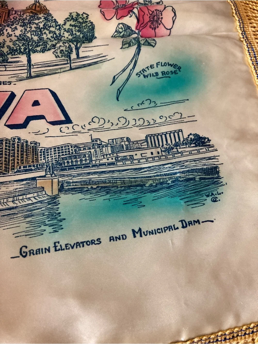 Vintage Iowa silk fringed pillow case from 1950’s approximately 16 x 16